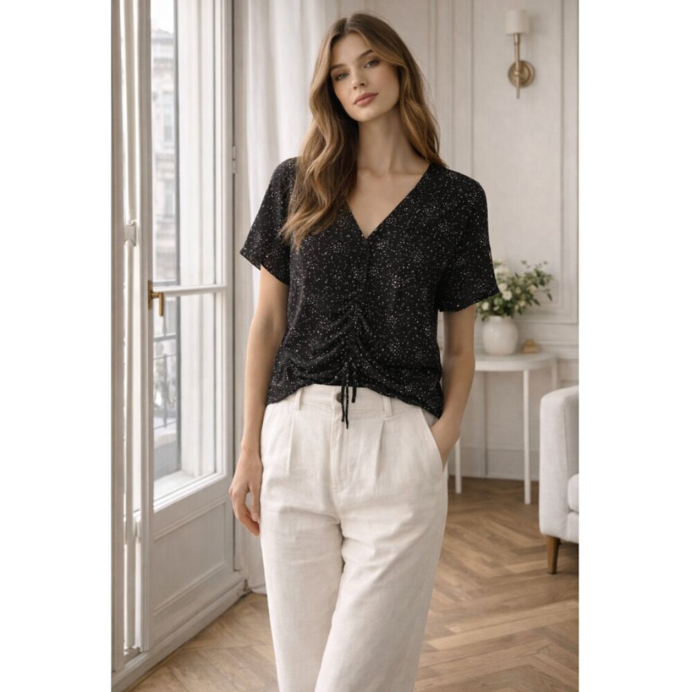☀️ GENTLE FAWN Black Scrunch Printed V Neck Top Blouse Size Small Cute Boho